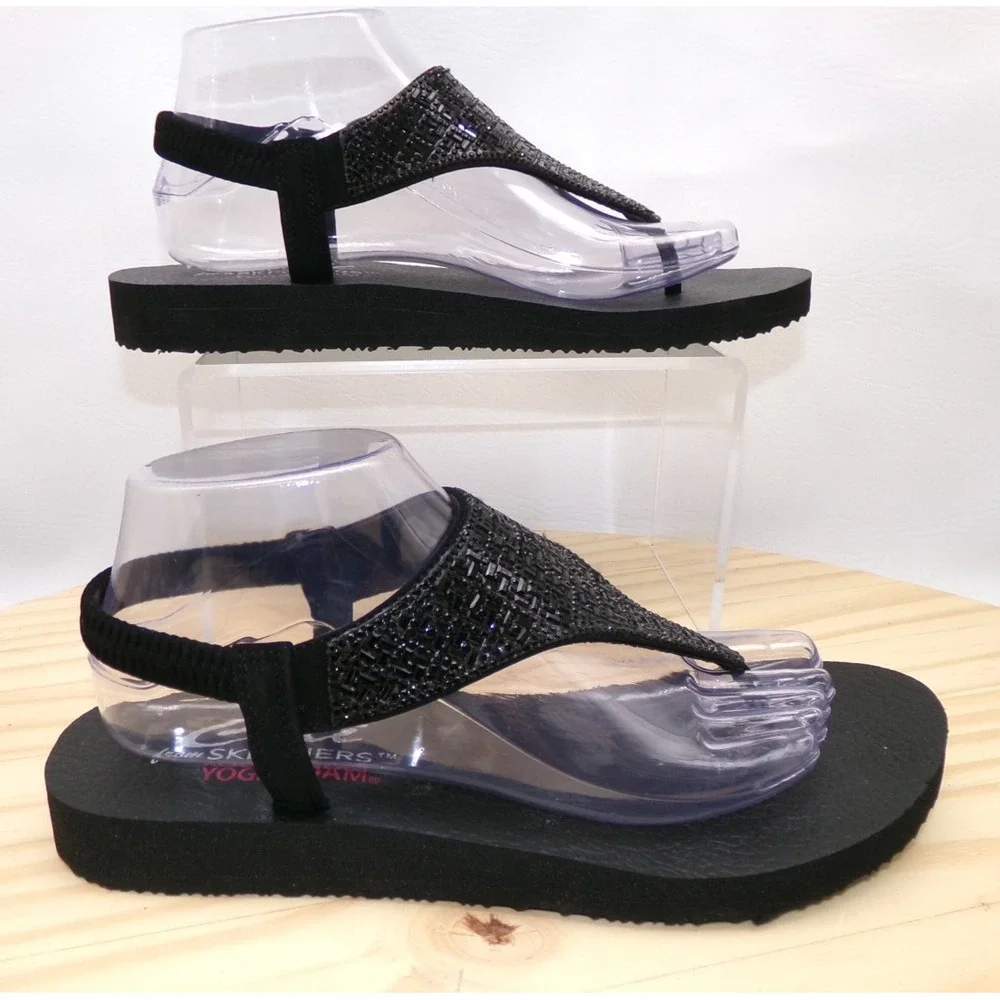 Cali Skechers Meditation Sweet Rock Thong Sandals Womens Black Size 9 Yoga NEW